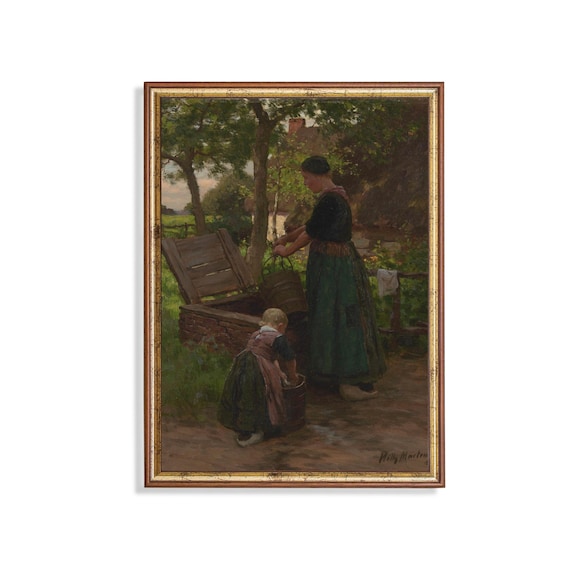 Mother and Daughter at the Well Vintage Figurative Painting Poster