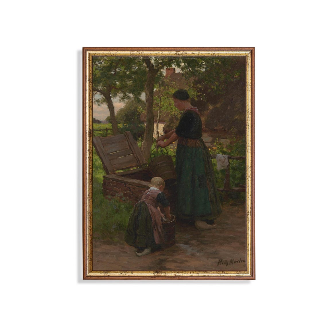 Printed And Shipped Vintage Portrait Painting Antique Woman Portrait Mother And Daughter At The Well Physical Print Figurative Art