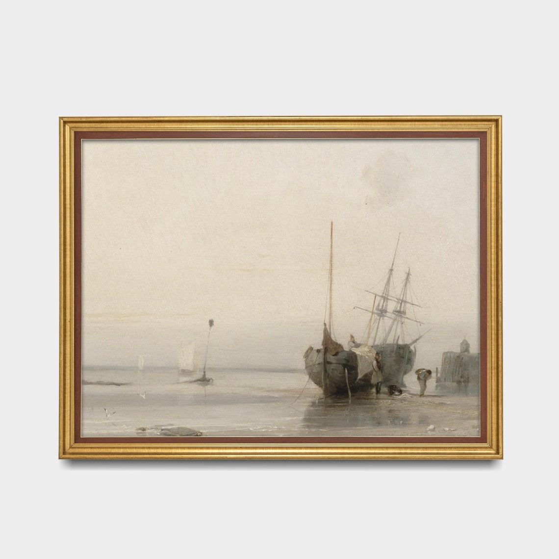 Beached Sailing Ships at a Misty Shoreline Antique Oil Poster - Image 2
