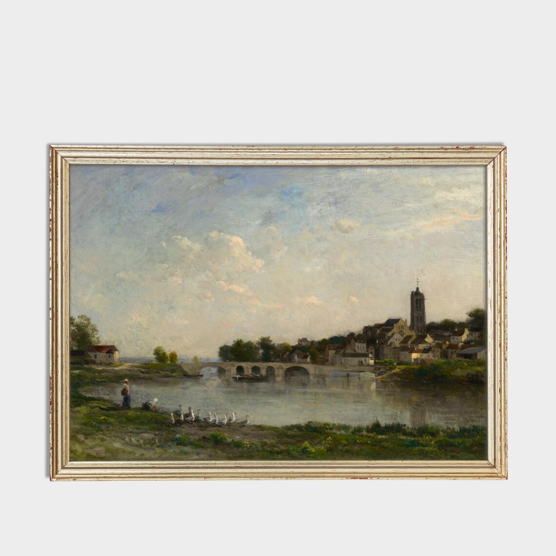 Antique Village River Scene with Bridge Church and Geese Poster - Image 3