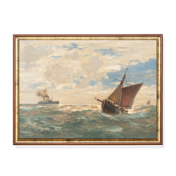 Mailed Print Vintage Sailing Ship Painting Antique Seascape Print Moody Rustic Fine Art Nautical Decor Printed And Shipped