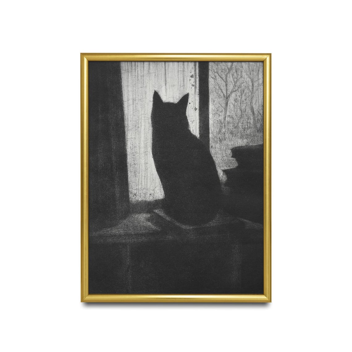 Black Cat Silhouette by a Window Dark Charcoal Sketch Poster - Image 2