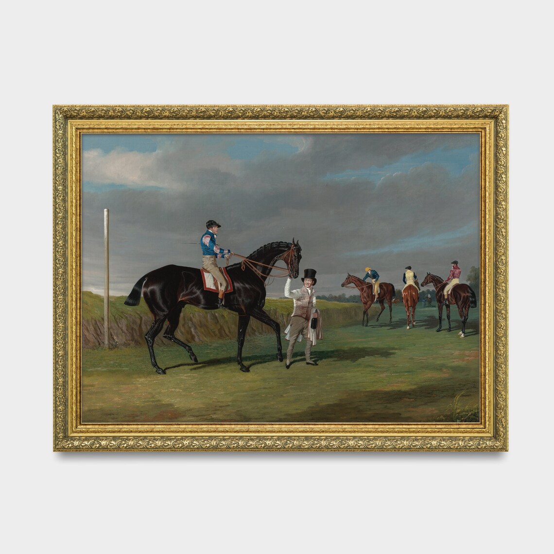 Jockey in Blue Silks on a Dark Racehorse Vintage Sporting Poster - Image 3