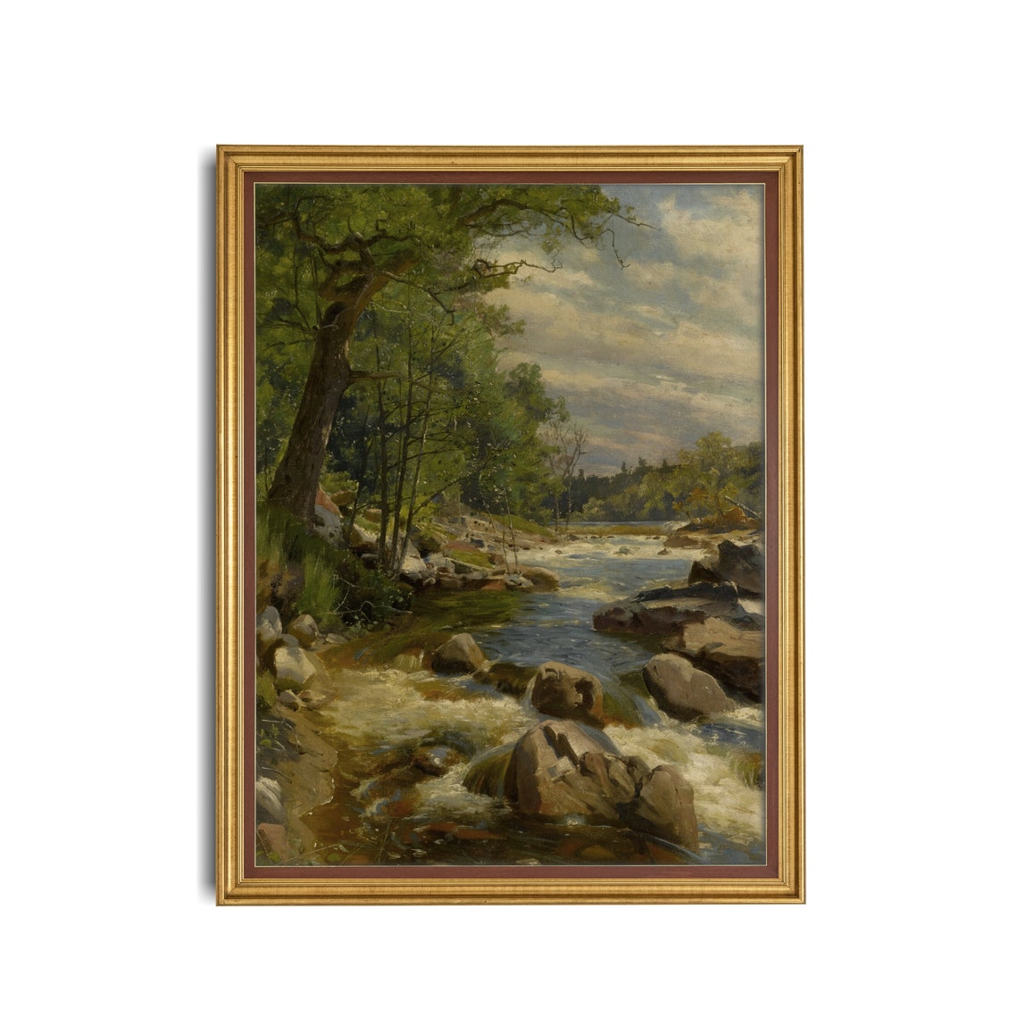 River Rapids Over Boulders Antique Vertical Forest Painting Poster - Image 3