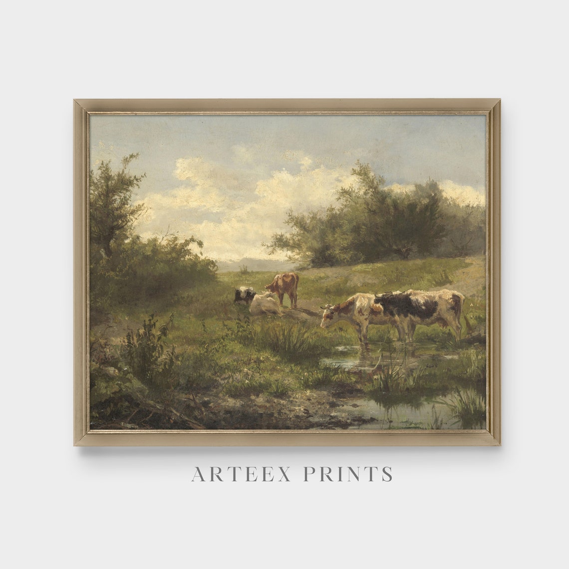 Cows Drinking from a Pond in a Sunny Meadow Vintage Oil Poster - Image 5