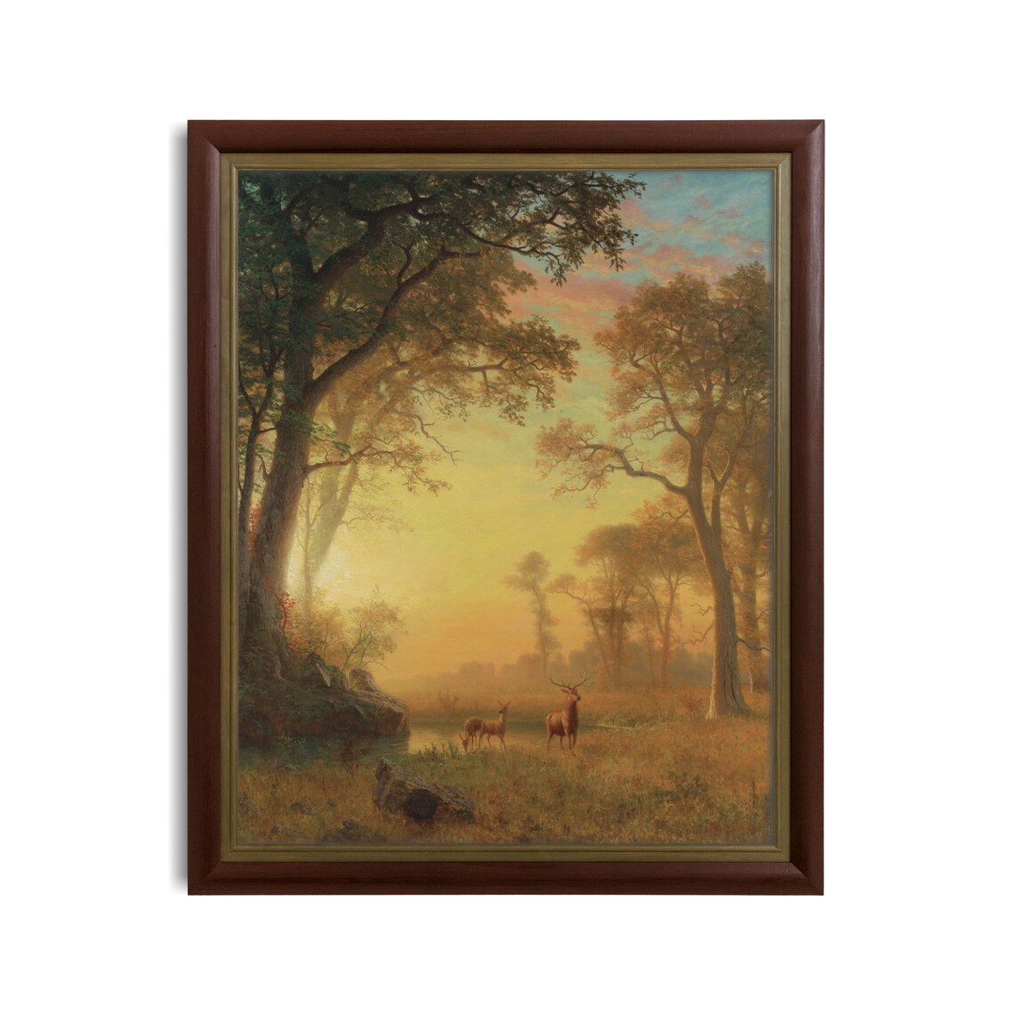 Golden Sunset Forest With Deer Vintage Luminous Landscape Poster - Image 2