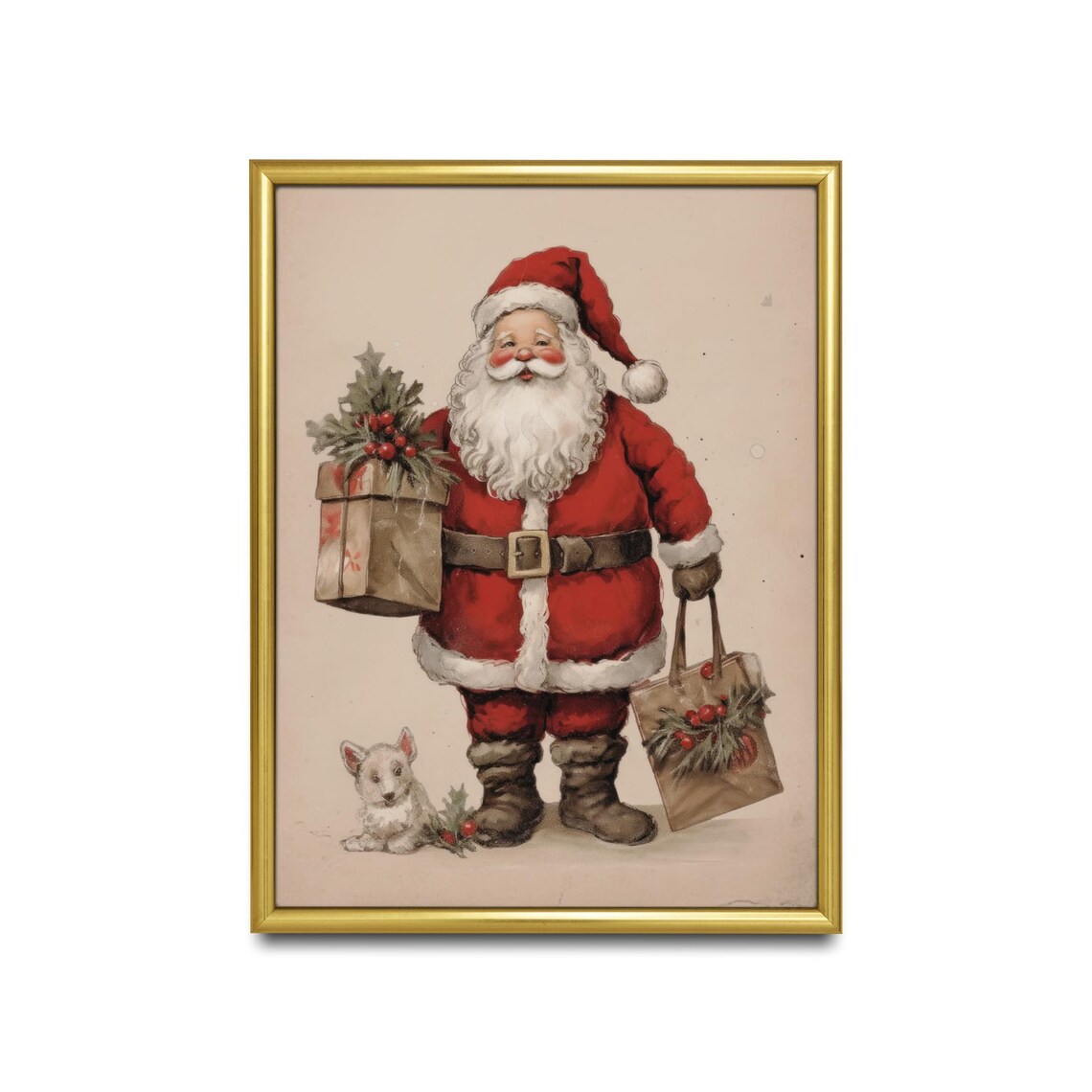 Vintage Santa Claus With Gift Bags And Puppy Christmas Poster - Image 2