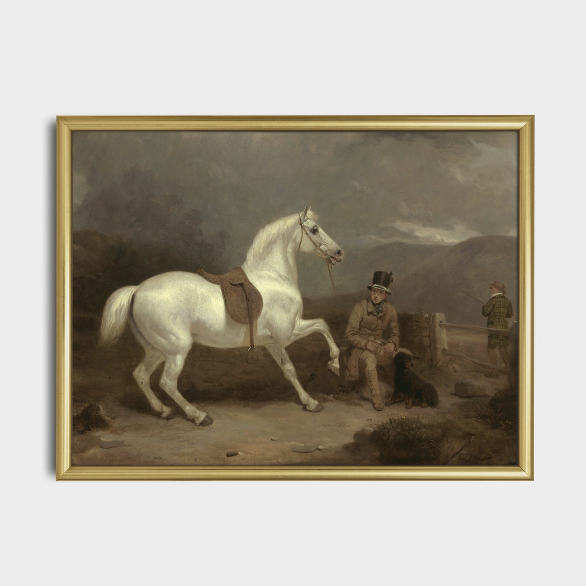 White Horse Prancing Before Seated Gentleman Antique Oil Poster - Image 3