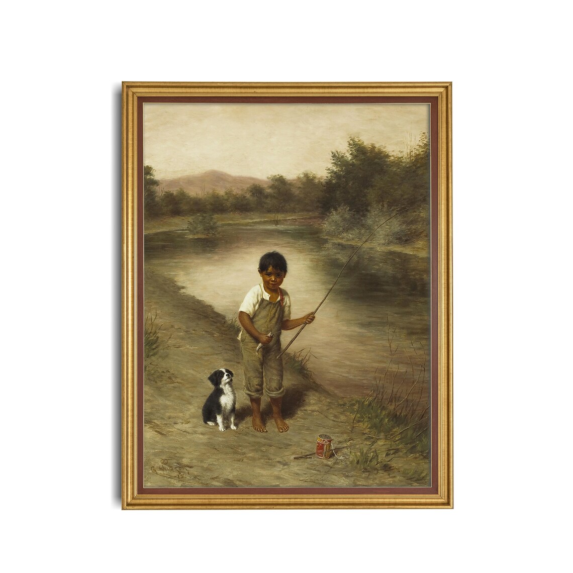 Young Boy Fishing Barefoot at the River With His Little Dog Poster - Image 3