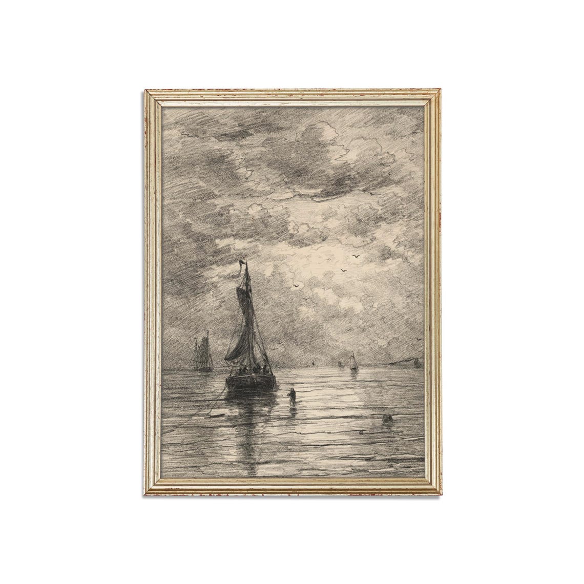 Sailboats on Water Charcoal Sketch Vintage Nautical Drawing Poster - Image 3