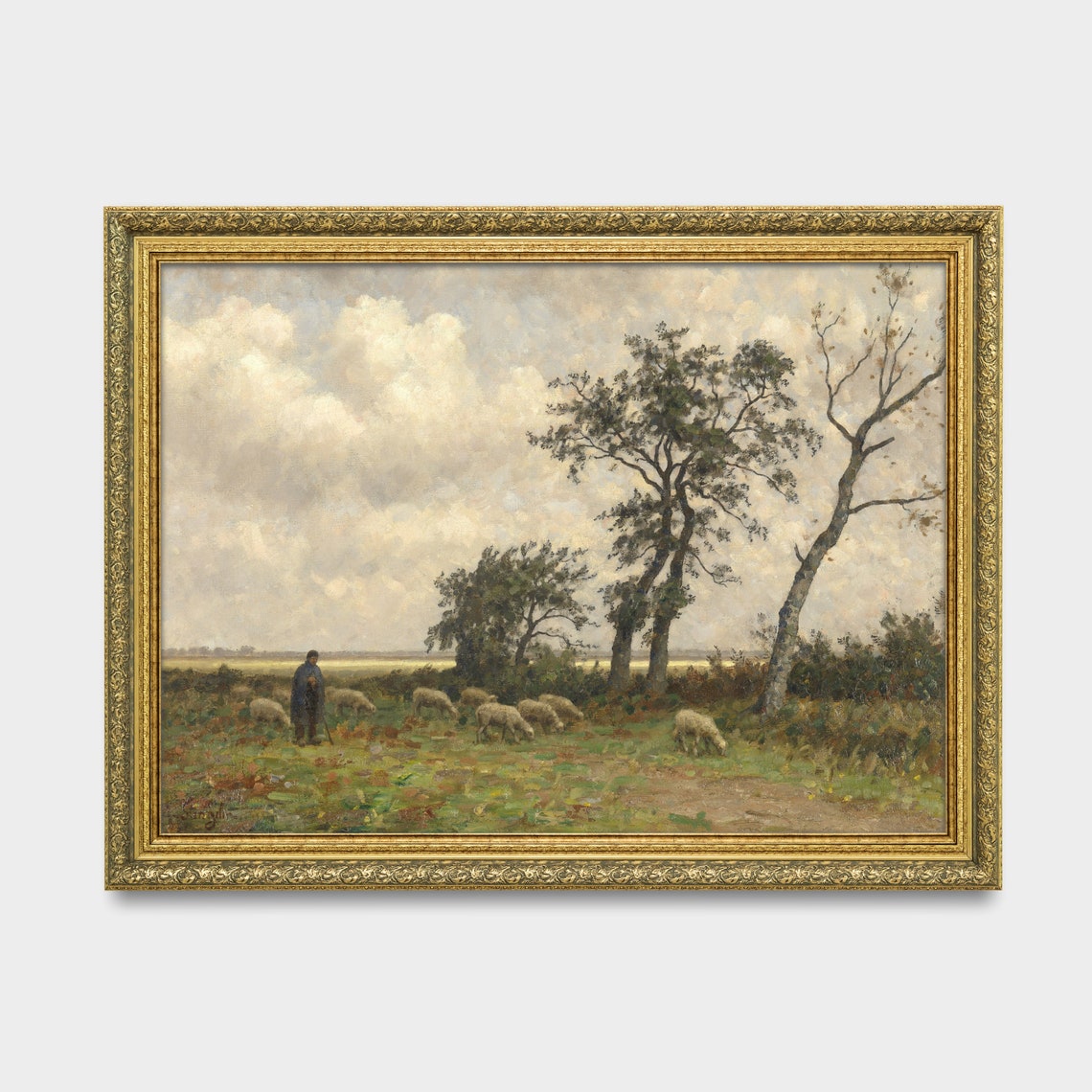 Shepherd With Grazing Sheep Under Cloudy Sky Pastoral Poster - Image 3