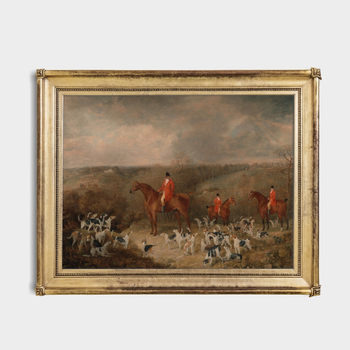 Three Riders in Red Coats with Hound Pack Overlooking a Valley Poster - Image 2