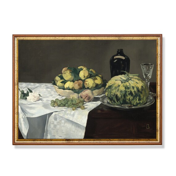 Vintage Still Life With Melon And Peaches Antique Fruit Painting Farmhouse Rustic Kitchen Decor Wall Art