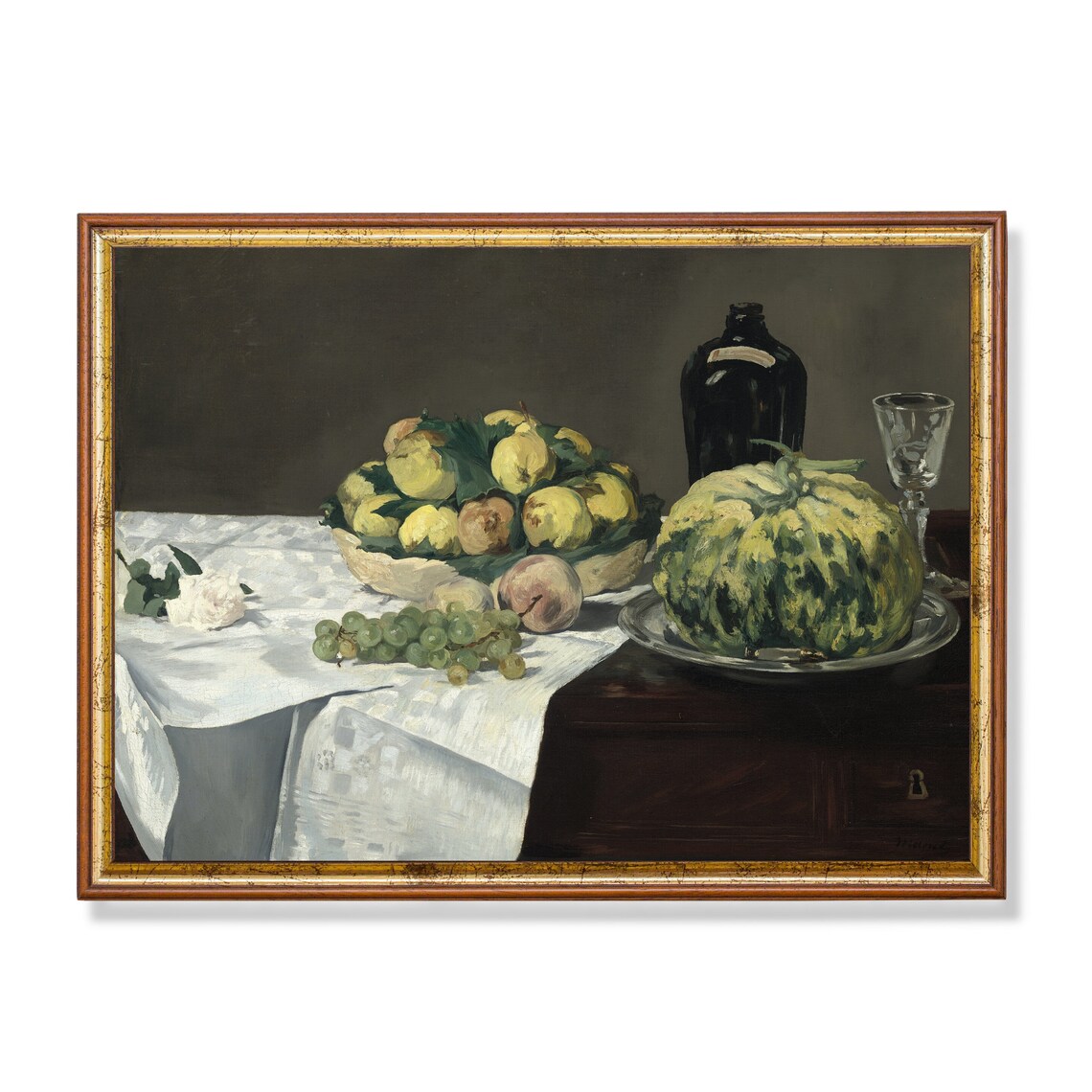 Vintage Still Life With Melon And Peaches Antique Fruit Painting Farmhouse Rustic Kitchen Decor Wall Art