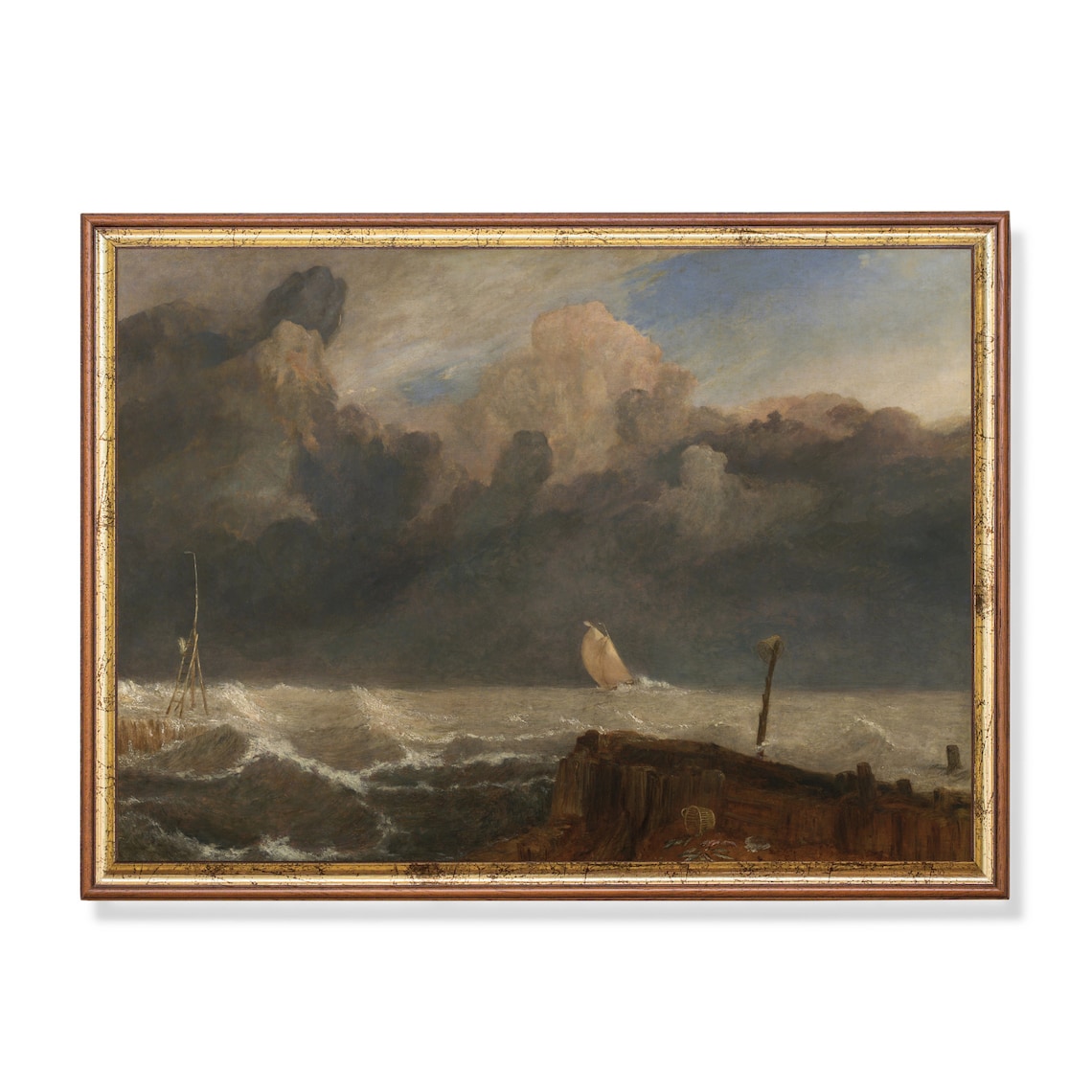Storm Tossed Sailboat Antique Dramatic Seascape Painting Poster