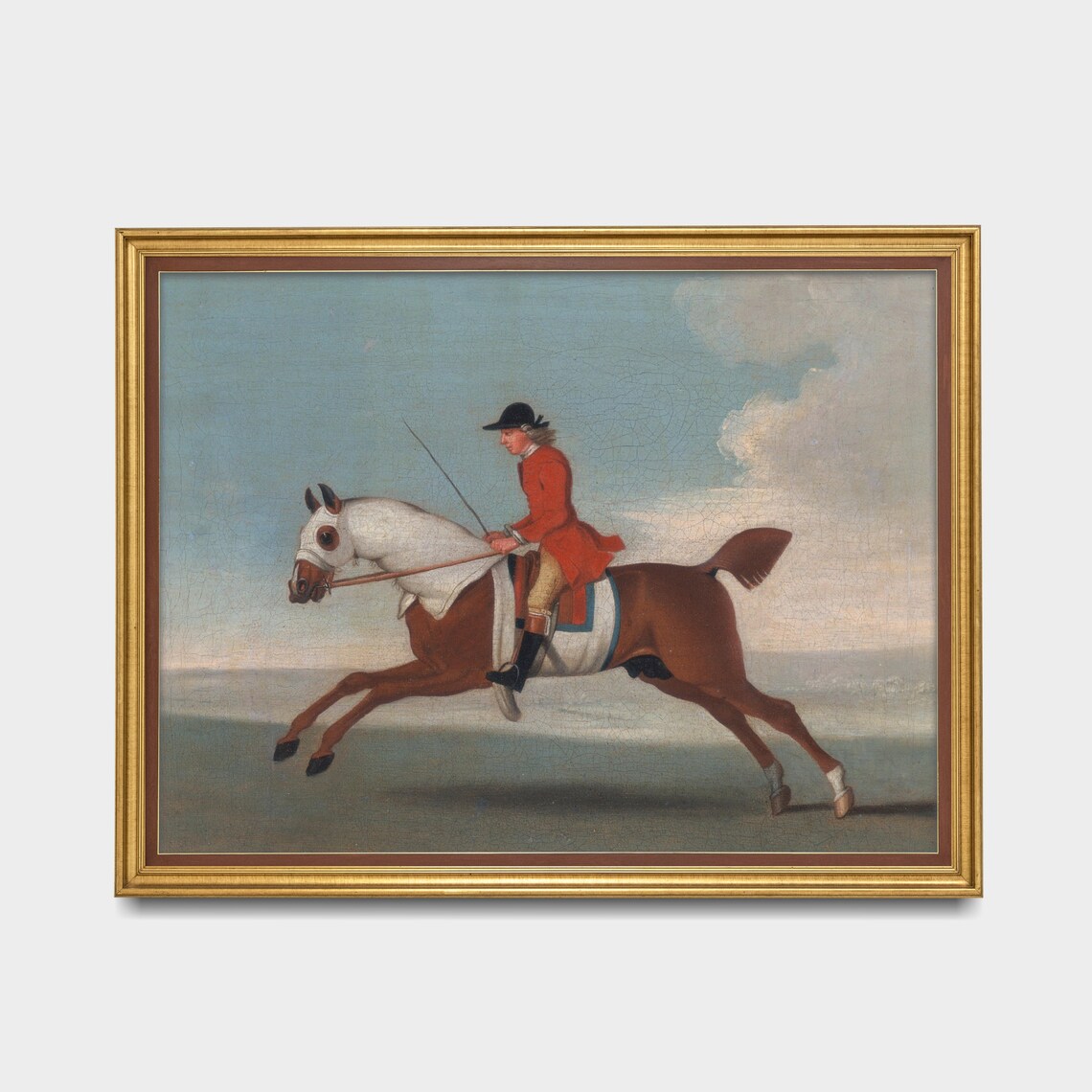 Jockey in a Red Coat Galloping a Bay Racehorse Vintage Oil Poster - Image 3