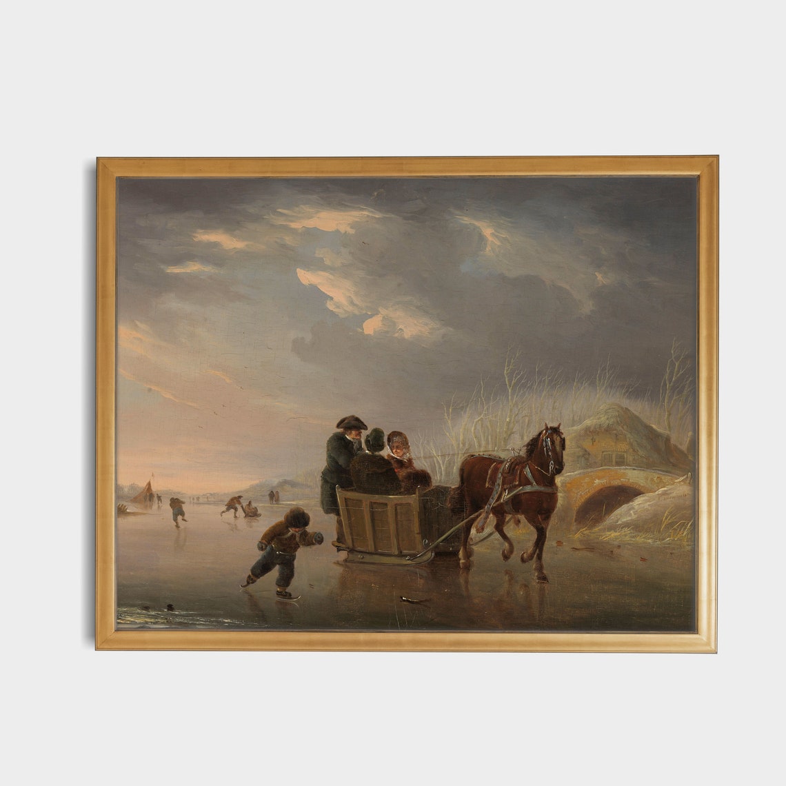 Horse Sleigh and Skaters on a Frozen River at Dusk Romantic Poster