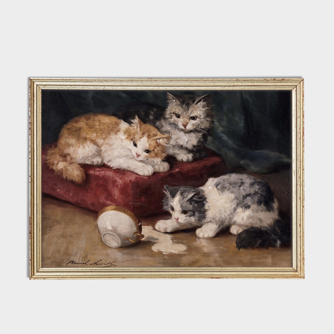 Three Playful Kittens With a Spilled Cup Vintage Cat Art Poster - Image 2