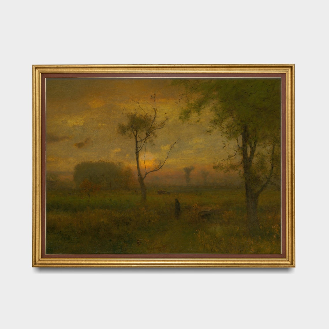 Golden Sunset Meadow With Lone Figure Vintage Tonalist Painting Poster - Image 3