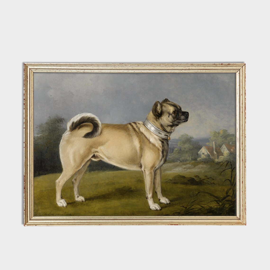 Standing Fawn Pug Dog in Countryside Antique Portrait Poster - Image 2