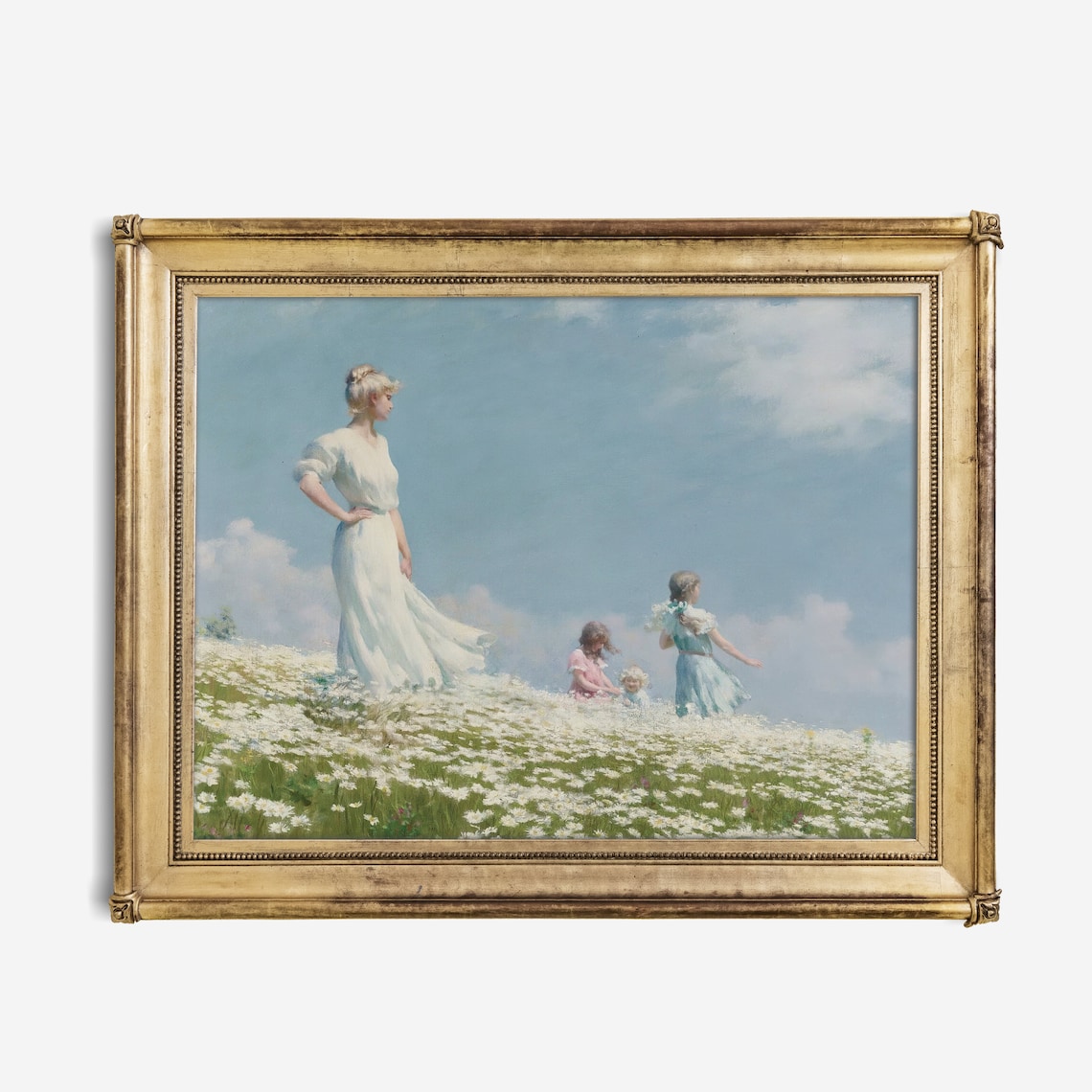 Woman and Children in Daisy Meadow Bright Summer Day Painting Poster - Image 2