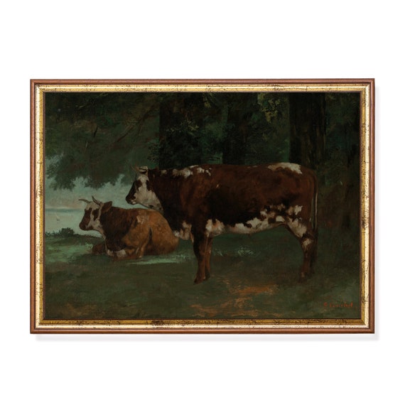 Printed And Shipped Vintage Painting Two Cows Print Moody Rustic Art Antique Animal Art Farmhouse Decor Physical Prints