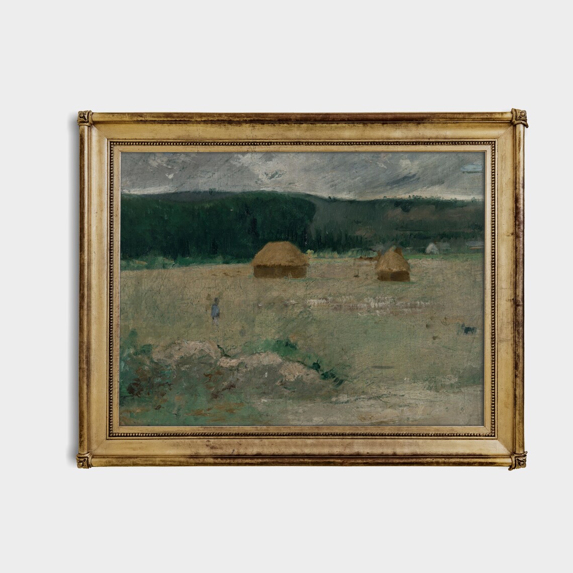 Haystacks in a Golden Field Antique Rural Harvest Painting Poster - Image 3