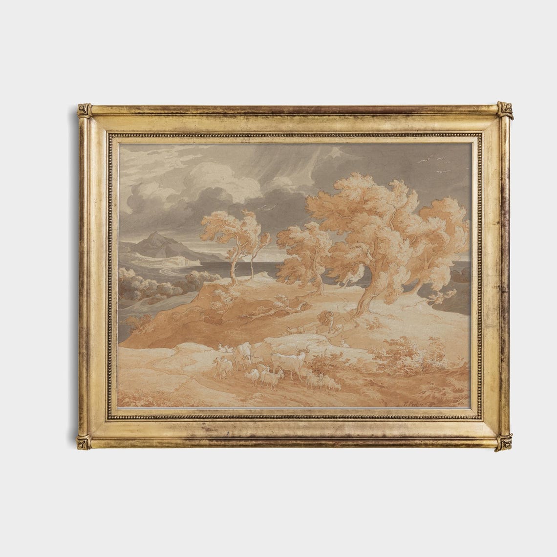 Shepherd with Sheep on Hillside Italian Sepia Landscape Poster - Image 4
