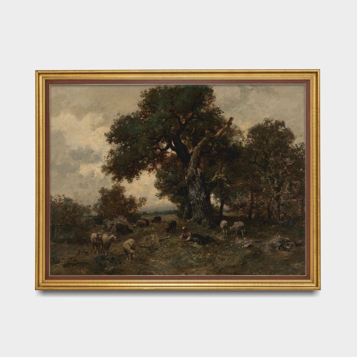 Shepherd Resting with His Sheep Flock Beneath a Grand Oak Tree Poster - Image 5