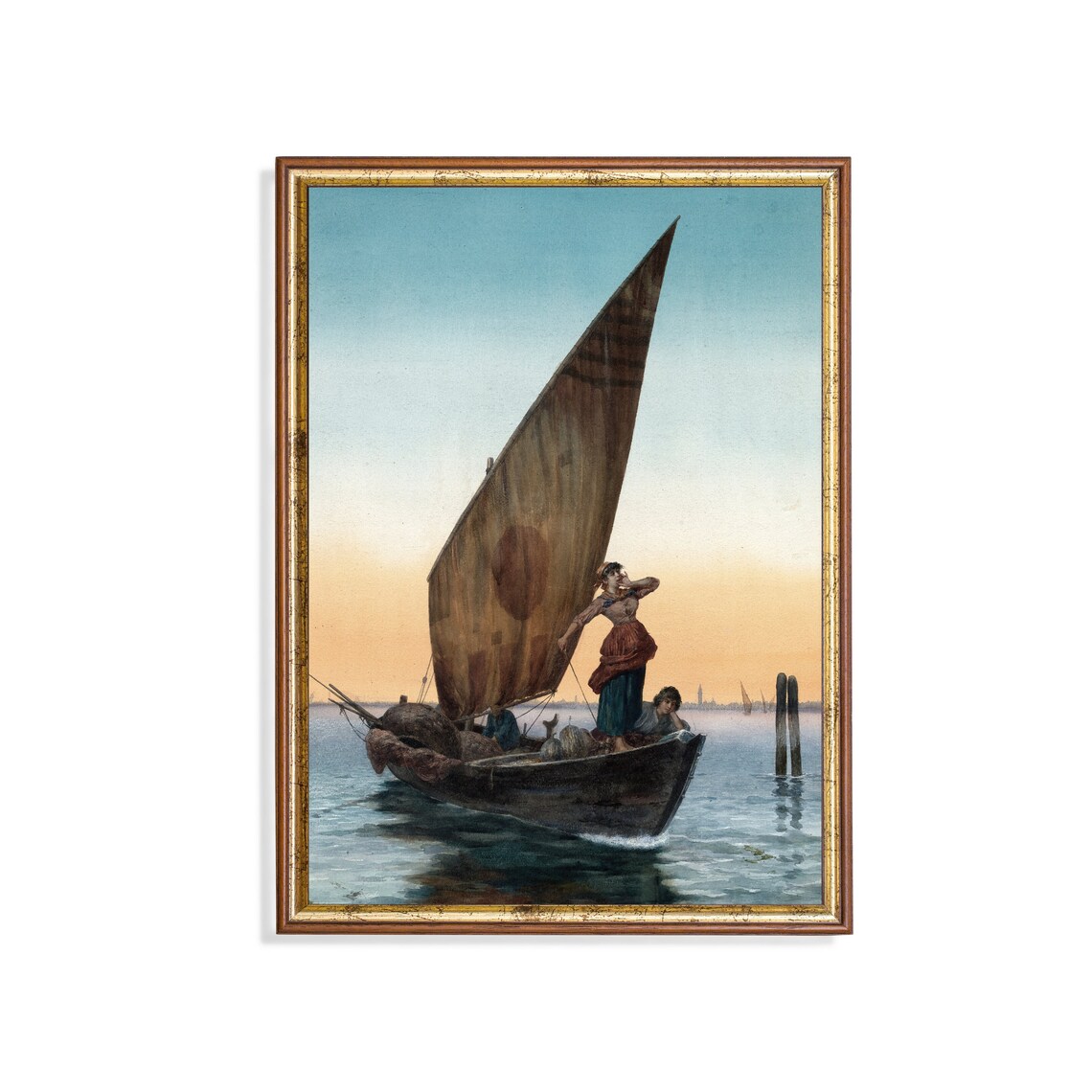 Venetian Fishing Boat with Sail at Sunset on Lagoon Waters Poster