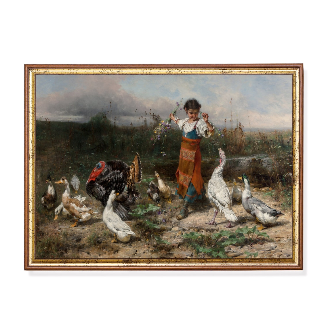 Little Goose Girl Vintage Painting, Farmhouse Art Print
