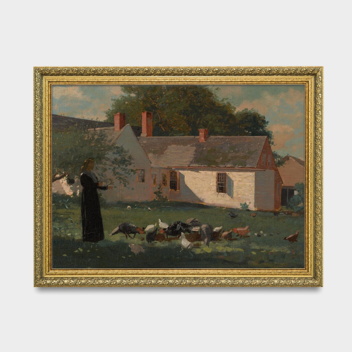 Antique Farmyard Scene with Woman Feeding Chickens Oil Painting Poster - Image 3