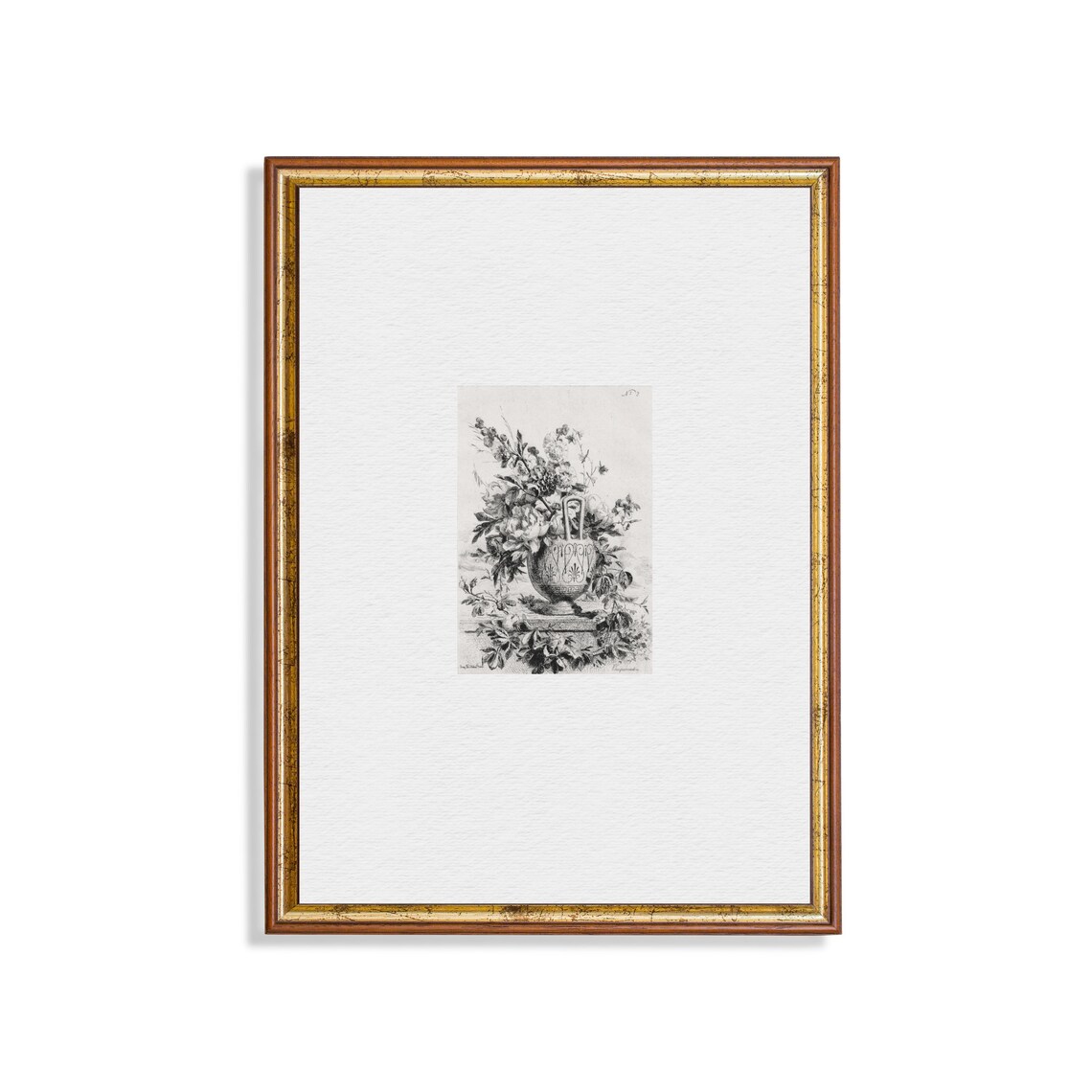 Black and White Floral Etching of Flowers in an Urn Vintage Art Print
