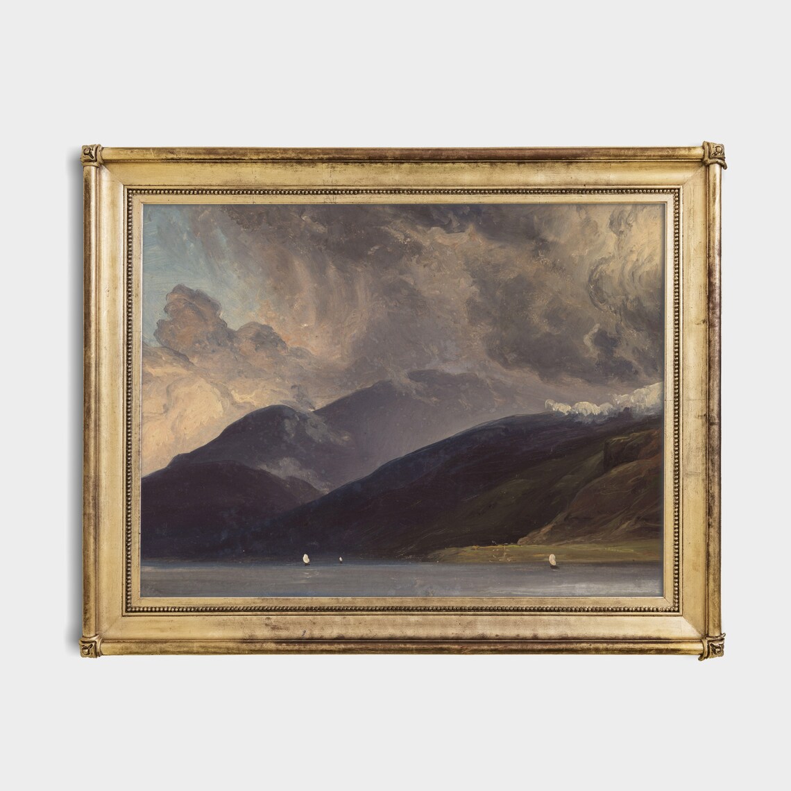 Moody Storm Clouds Mountain Lake Sailboats Vintage Landscape Poster - Image 2