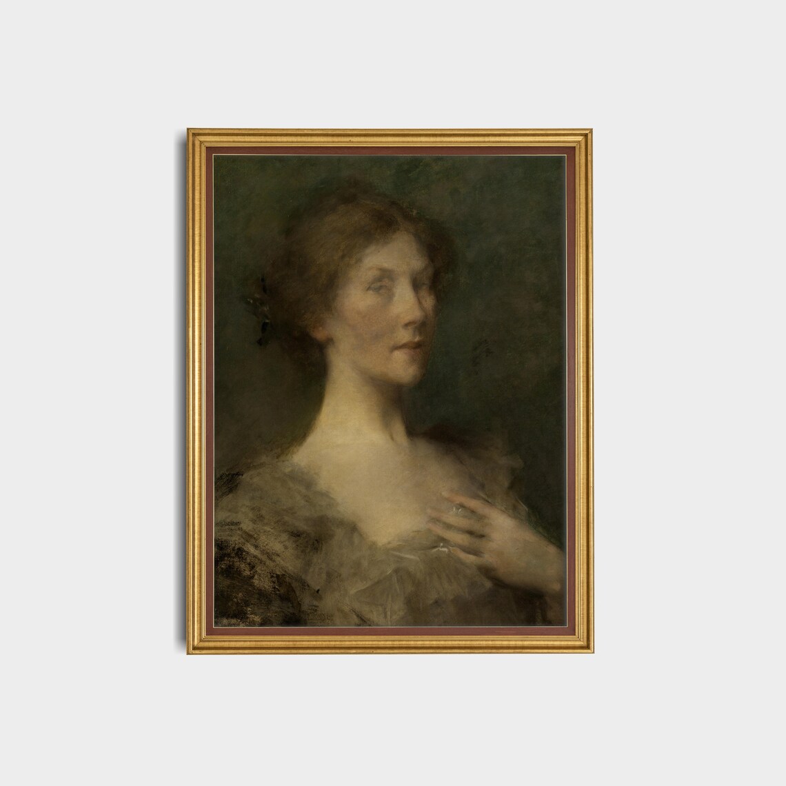 Moody Portrait of a Woman with Hand to Chest Antique Art Poster - Image 2