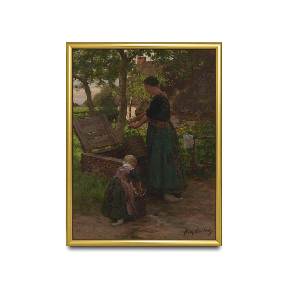 Printed And Shipped Vintage Portrait Painting Antique Woman Portrait Mother And Daughter At The Well Physical Print Figurative Art - Image 2