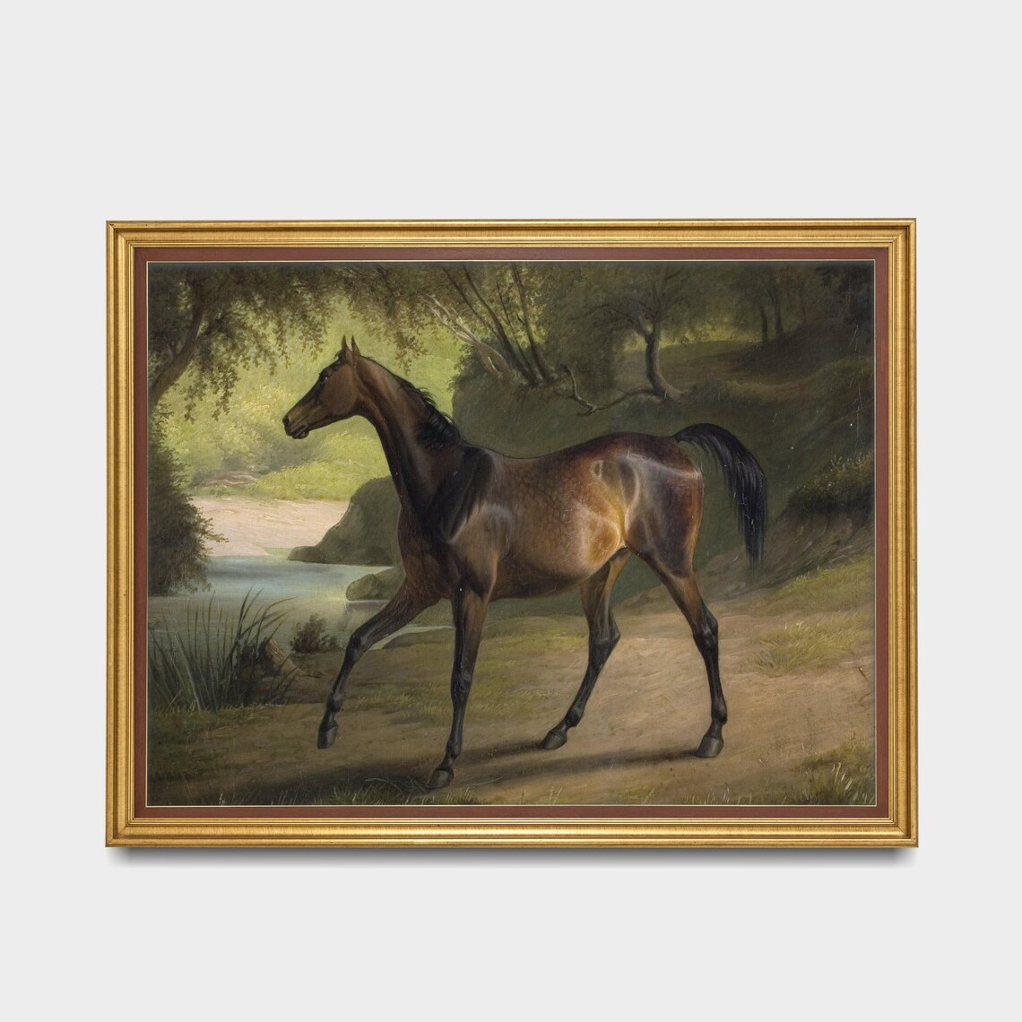 Bay Horse Trotting by Wooded Riverbank Vintage Equestrian Poster - Image 3