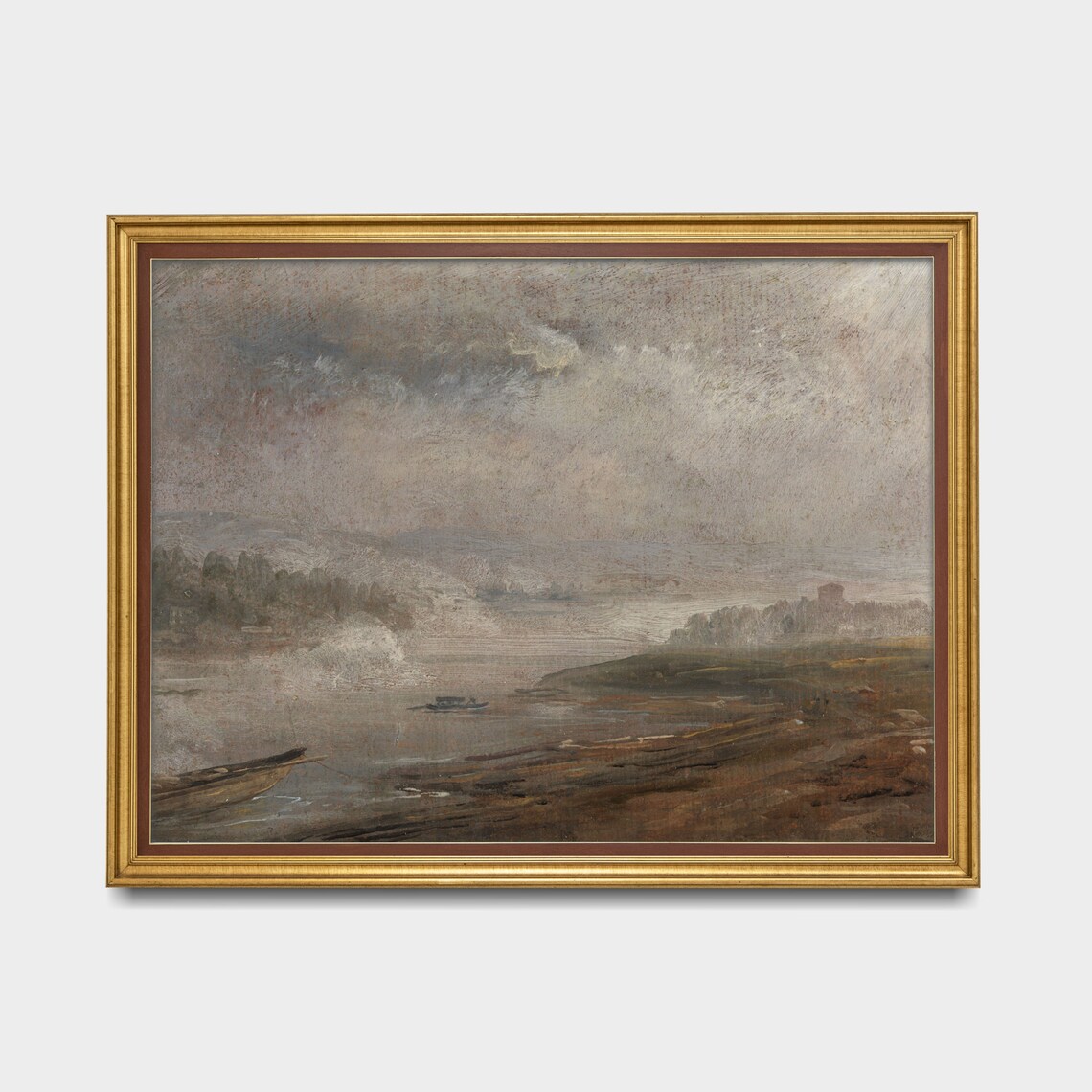 Misty River Boats Moody Antique Countryside Landscape Painting Poster - Image 3