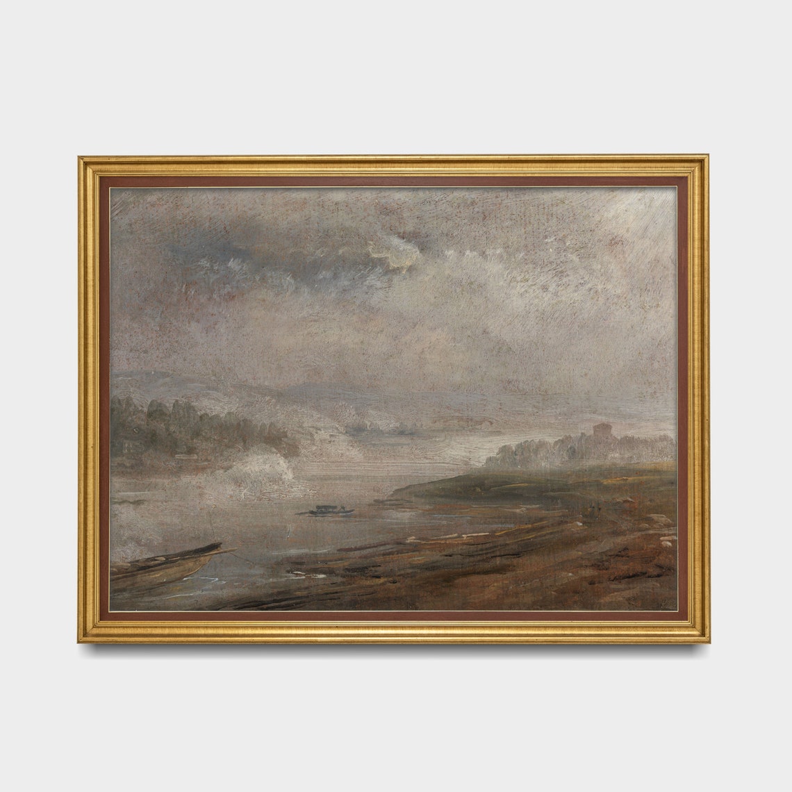 Muted Misty Gray River With Boats Under a Clouded Sky Poster - Image 5
