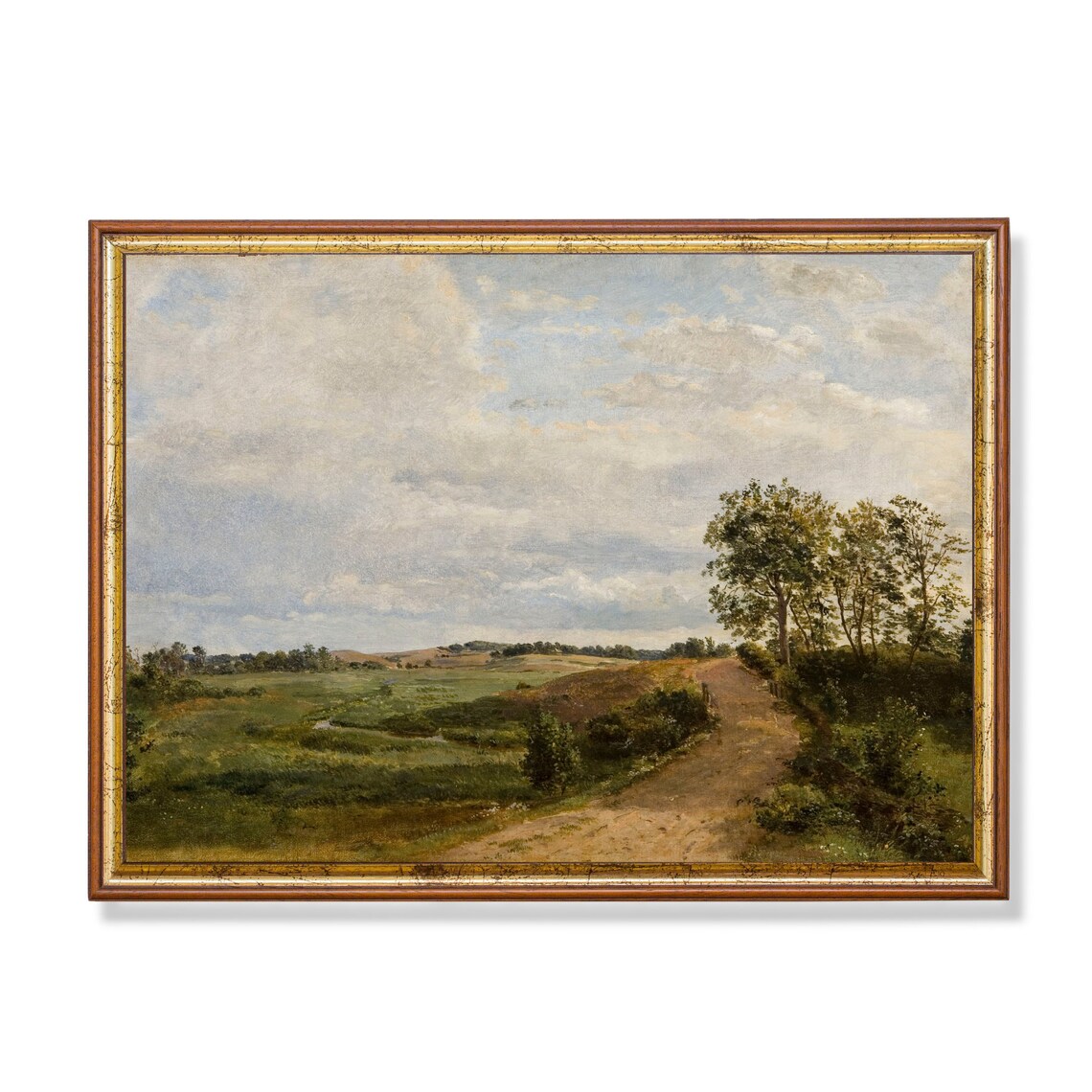 Vintage Country Road Through a Green Valley Landscape Painting Poster