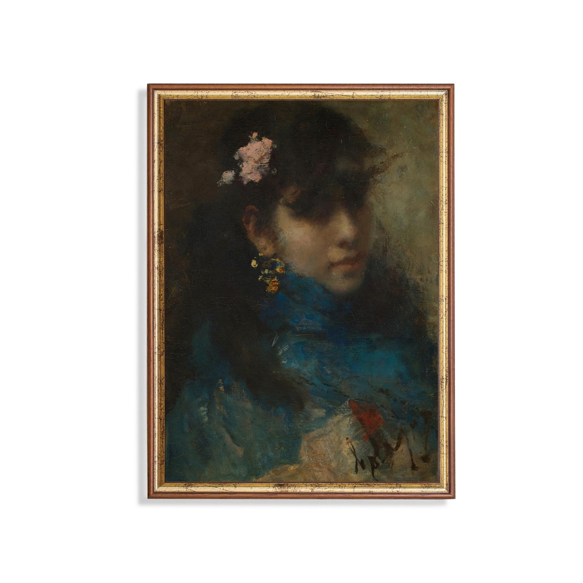 Young Woman in Blue with a Pink Flower in Her Hair Portrait Poster