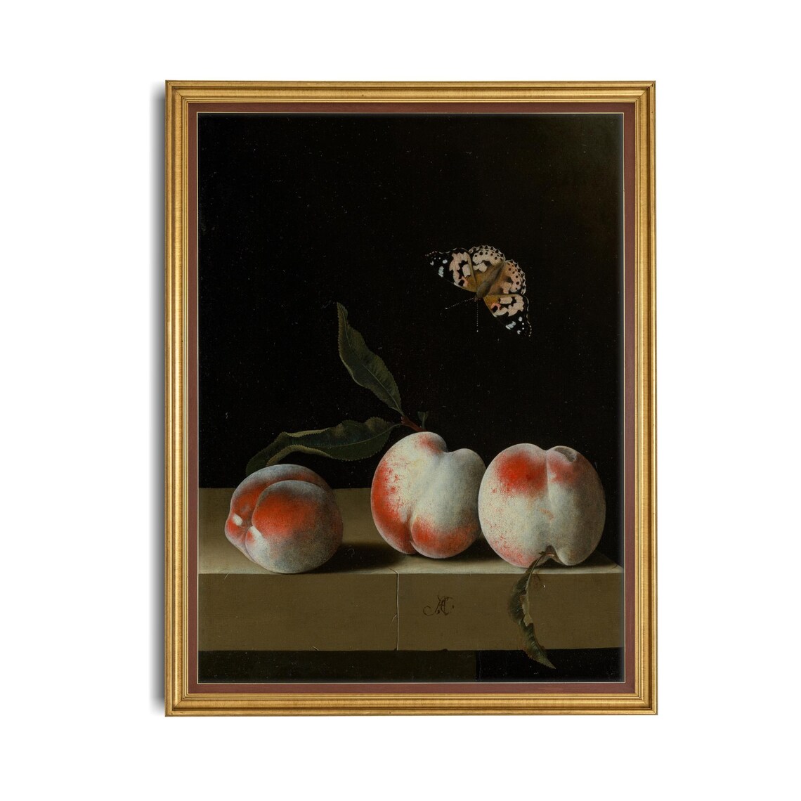 Three Peaches With A Butterfly Vintage Still Life Art Poster - Image 4