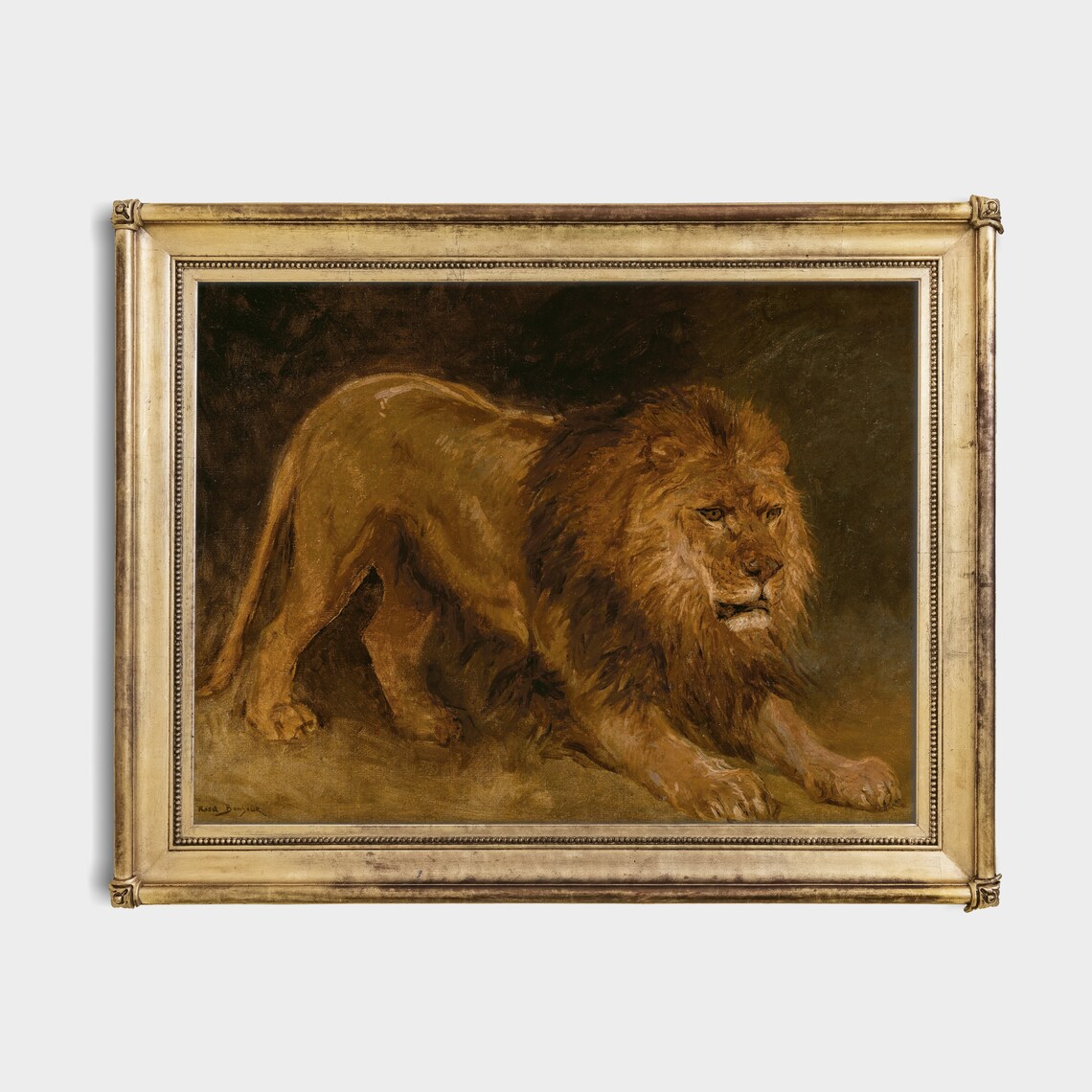 Male Lion Resting in the Dark Vintage Wild Animal Painting Poster - Image 2