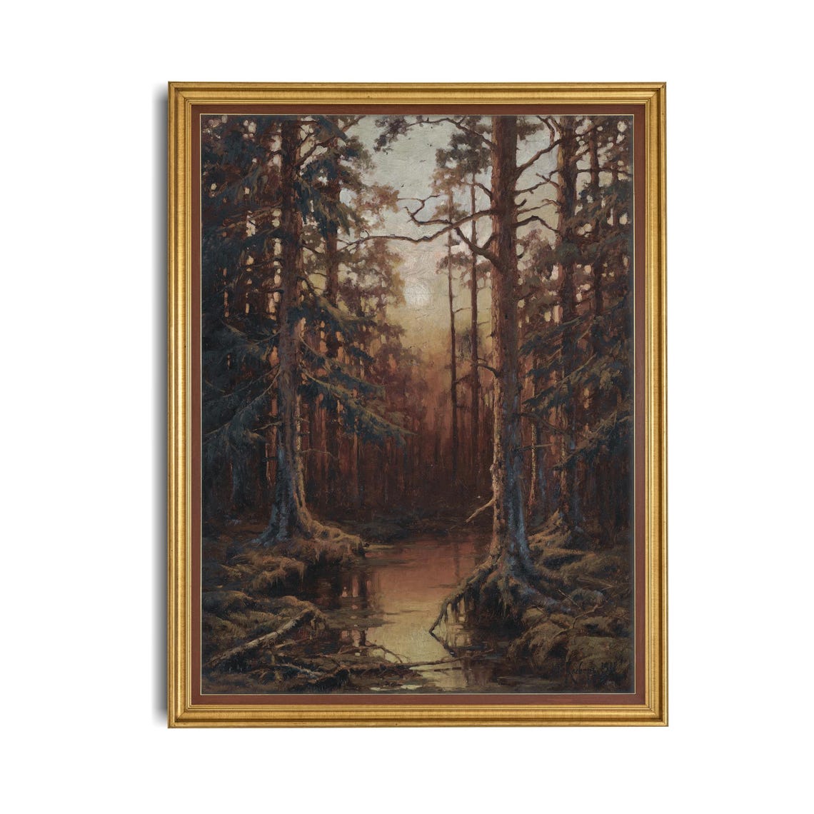 Sunset Glow Through Tall Pines Over a Forest Stream Vintage Poster - Image 4