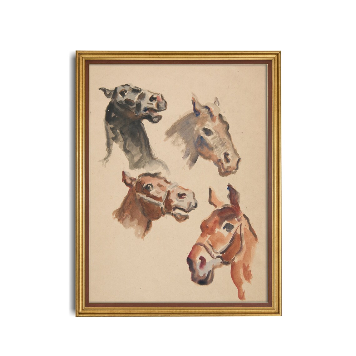 Study of Four Horse Heads Watercolor Sketch Antique Equestrian Poster - Image 3