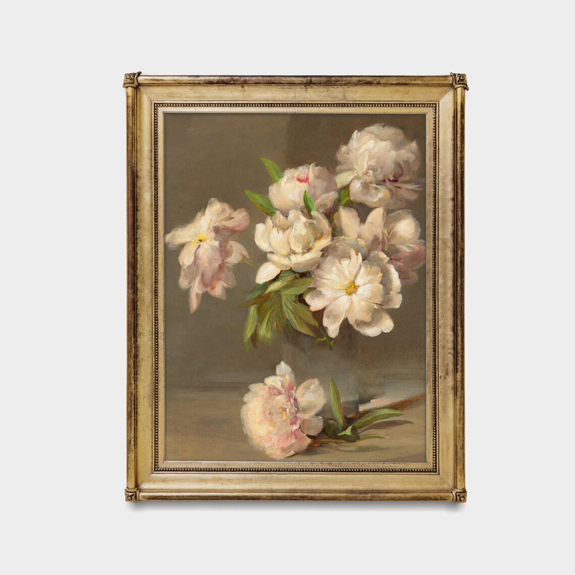 White Peonies in a Glass Vase Moody Antique Floral Still Life Poster - Image 3