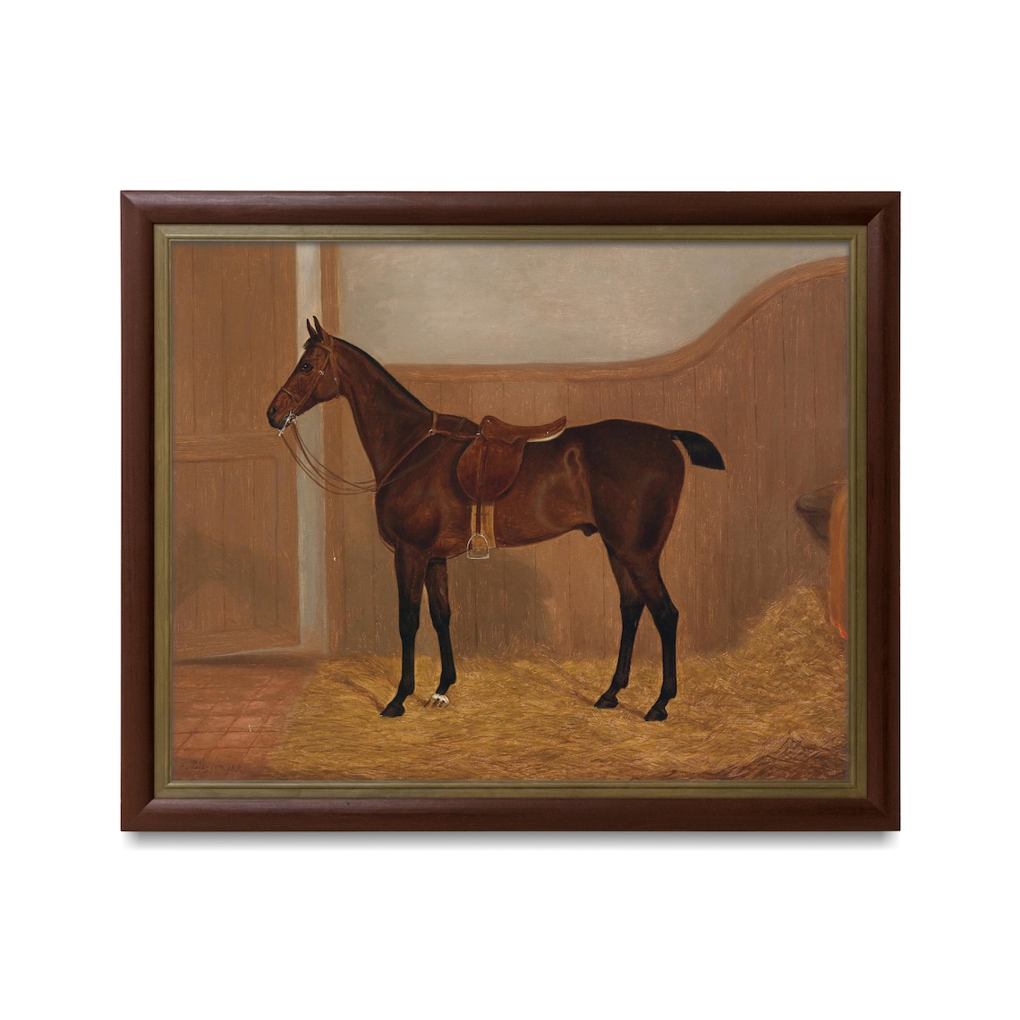 Saddled Bay Horse in Stable Vintage Equestrian Oil Painting Poster - Image 2
