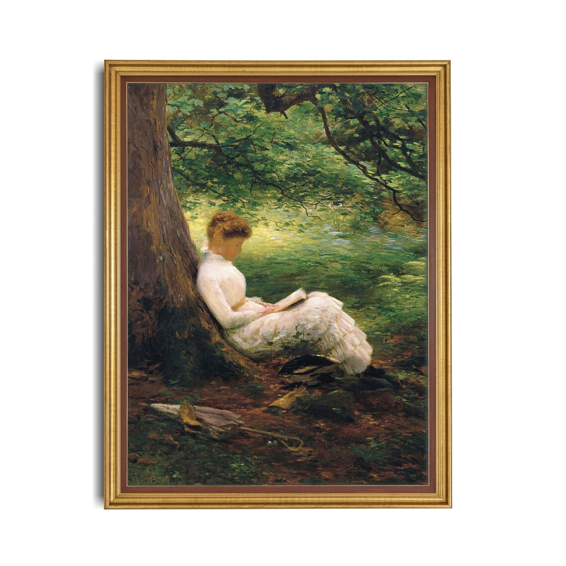 Woman Reading in a White Dress Under a Great Tree Woodland Poster - Image 3
