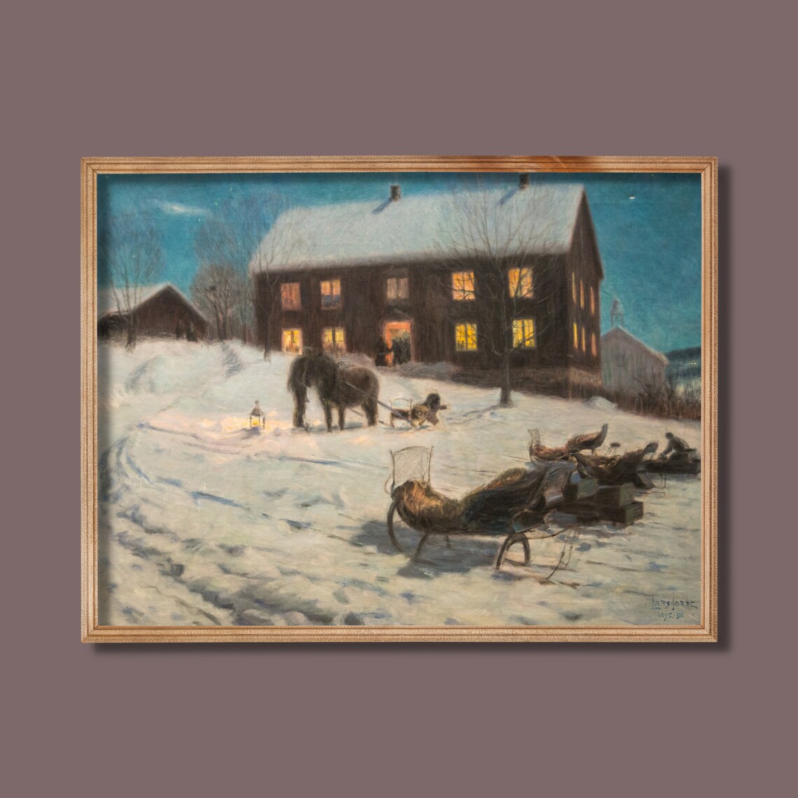 Horse-Drawn Sleighs at Night Outside Lit Country House Poster - Image 3