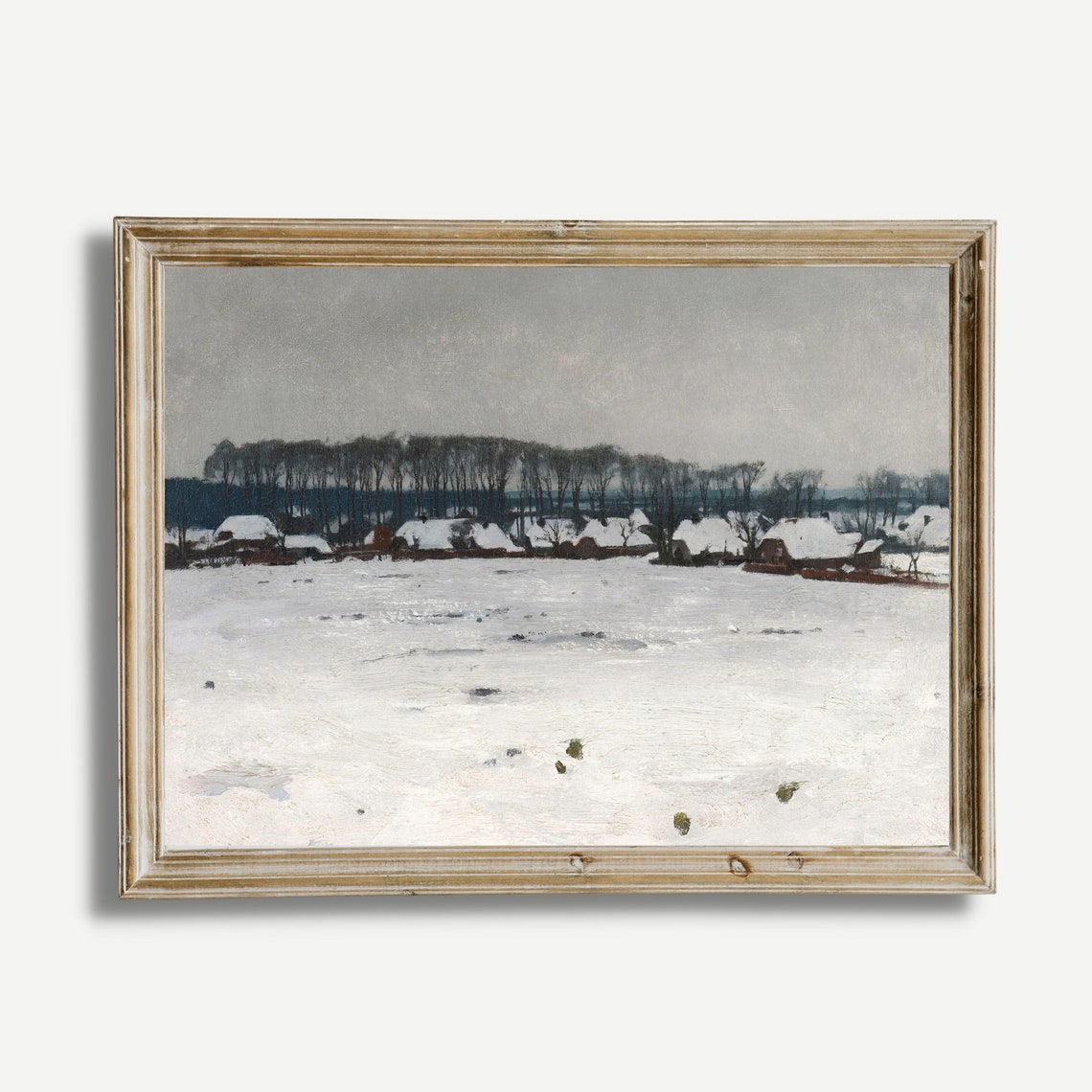 Snowy Winter Village Under Grey Sky Vintage Landscape Poster - Image 3